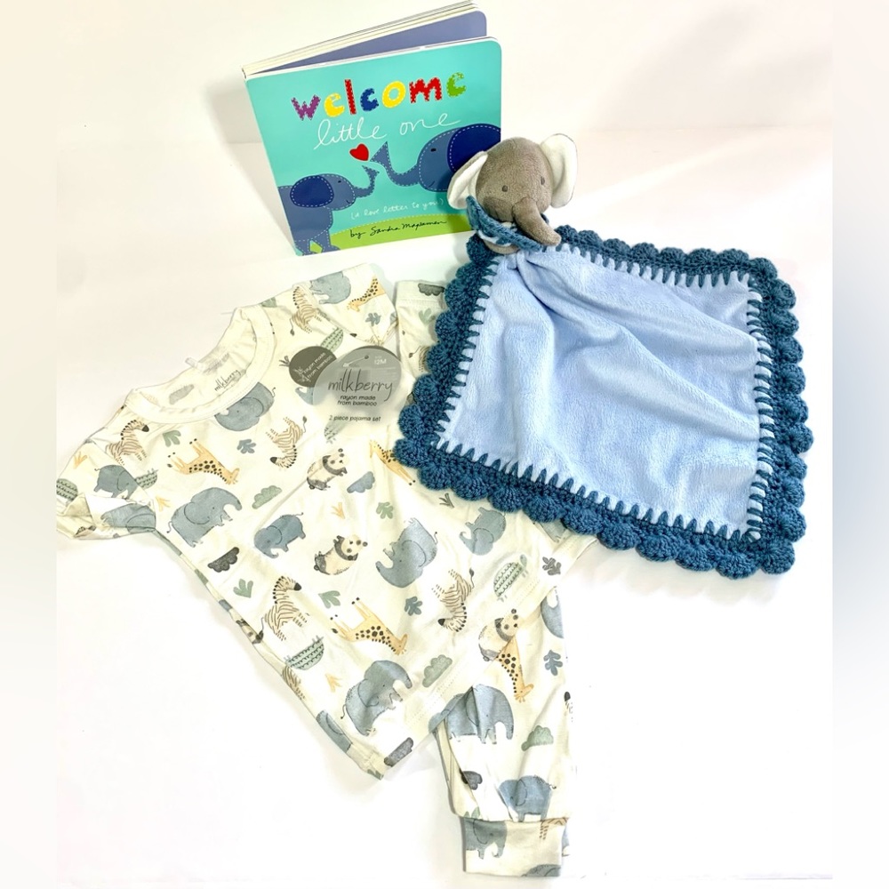 Sweet Elephant Crochet  Lovely Security Blanket Playsuit & Book Gift Set